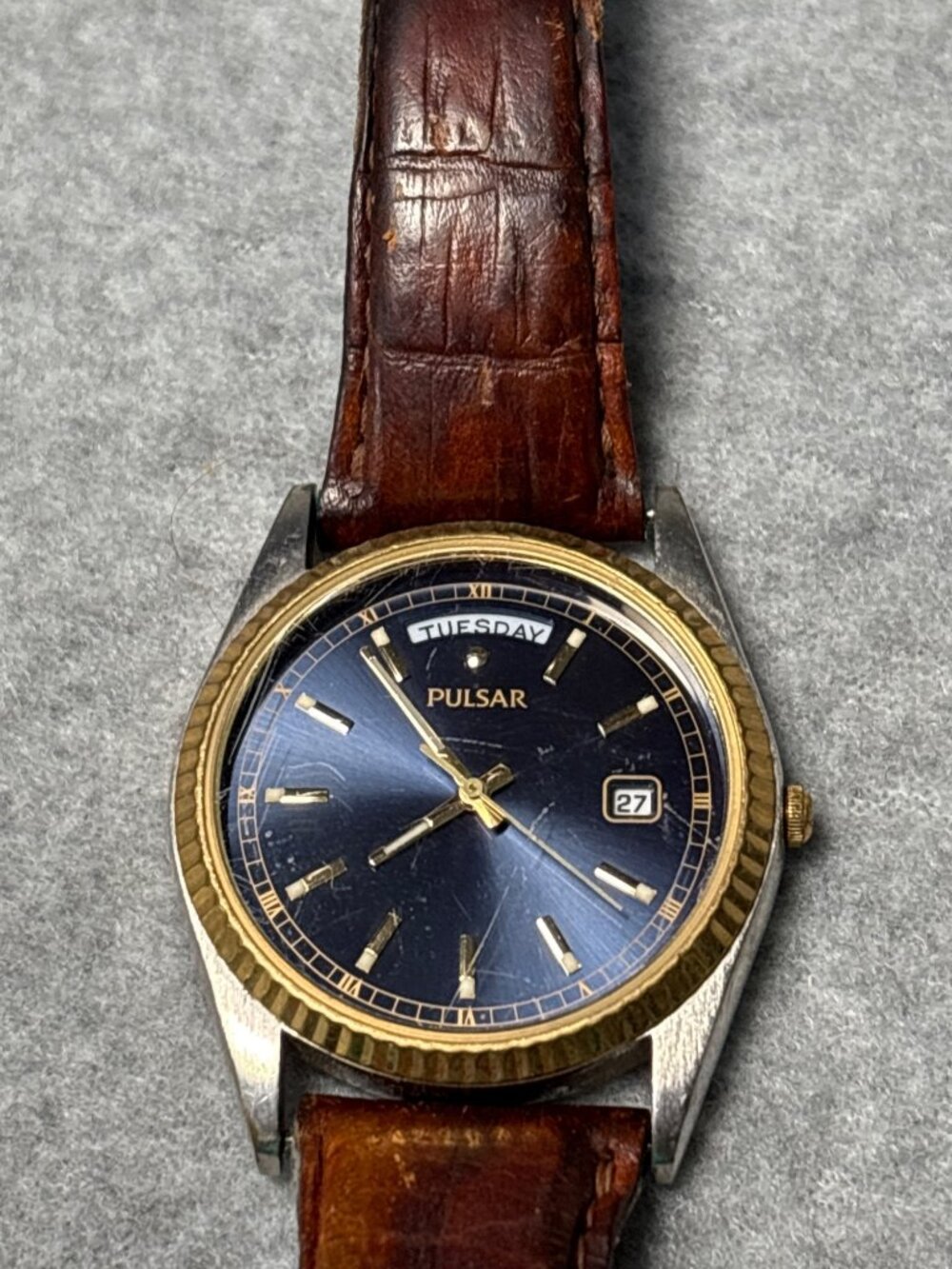 Pulsar Mens Watch Blue Dial Gold-Tone Bezel Brown Leather Band Japan Vtg